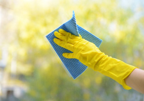 A person wearing a bright yellow rubber glove is cleaning a window or glass surface with a blue microfiber cloth. The background shows a blurred view of outdoor greenery with yellow-green leaves, suggesting the scene is taking place during daylight hours. The focus is on the cleaning process, highlighting the action of wiping a smooth, transparent surface, likely in a residential or commercial setting within the London postcode area. The image emphasizes detailed cleaning techniques, suitable for professional tenancy cleans from Tenancy Cleans, ensuring windows or glass surfaces are spotless. The fresh natural light enhances the clarity and cleanliness of the surface being cleaned, reflecting the meticulous work typical of high-quality cleaning services. This scene captures a moment of thorough cleaning in a bright, outdoor environment, demonstrating the importance of attention to detail in maintaining pristine window surfaces during professional tenancy cleaning or general maintenance tasks in London or nearby towns.